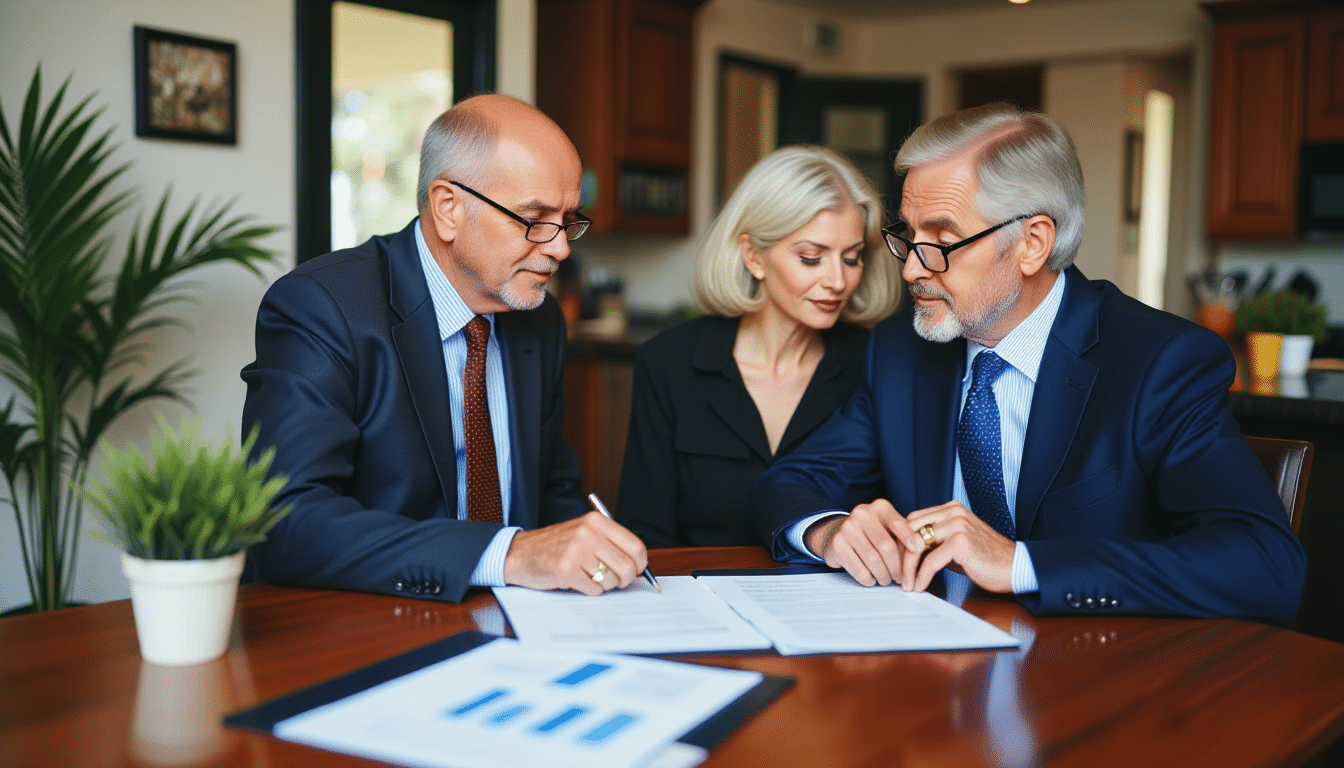 Senior couple and advisor reviewing property and equity documents at kitchen table
