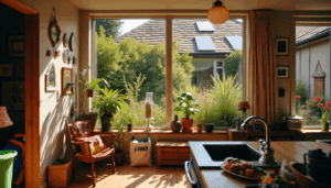 Eco-friendly British home interior with natural light, solar panels, upcycled furniture, and sustainable living features.