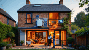 Modern British home upgraded with green tech, showing heat pump, insulation, smart displays, and a couple reviewing energy savings.
