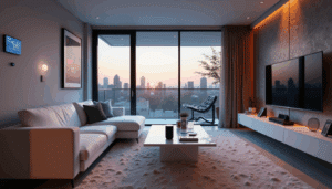 Modern minimalist living room with smart home tech, LED lighting, and city view, highlighting sleek automation devices.