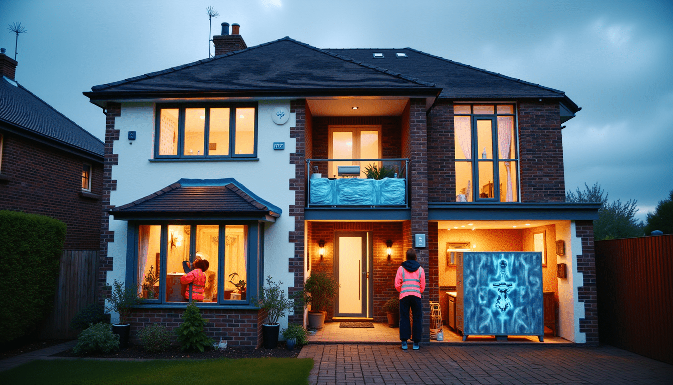 Sustainable retrofit of a British semi-detached house with insulation, triple glazing, and an air source heat pump installation.