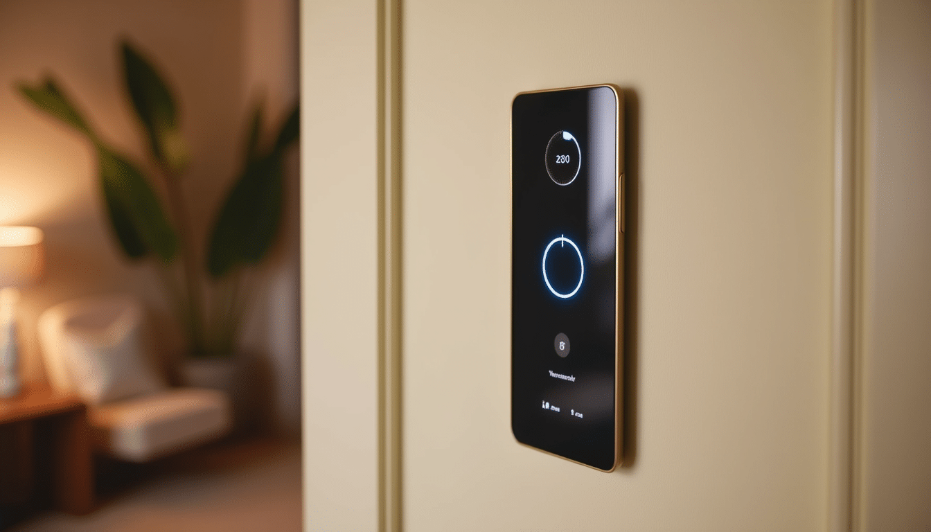 Smart thermostat on cream wall with cozy living room in background