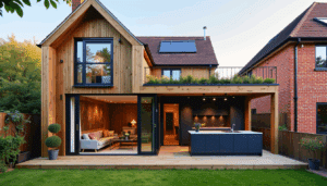 Modern extension on a traditional British home with floor-to-ceiling windows, solar panels, and a sunlit open-plan kitchen inside.