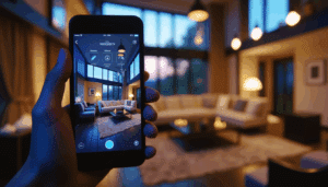 Smart home security app on smartphone screen with a modern living room and safety devices in soft evening lighting.