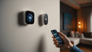 Person on couch using smartphone to adjust smart thermostat in a modern living room with soft ambient lighting.