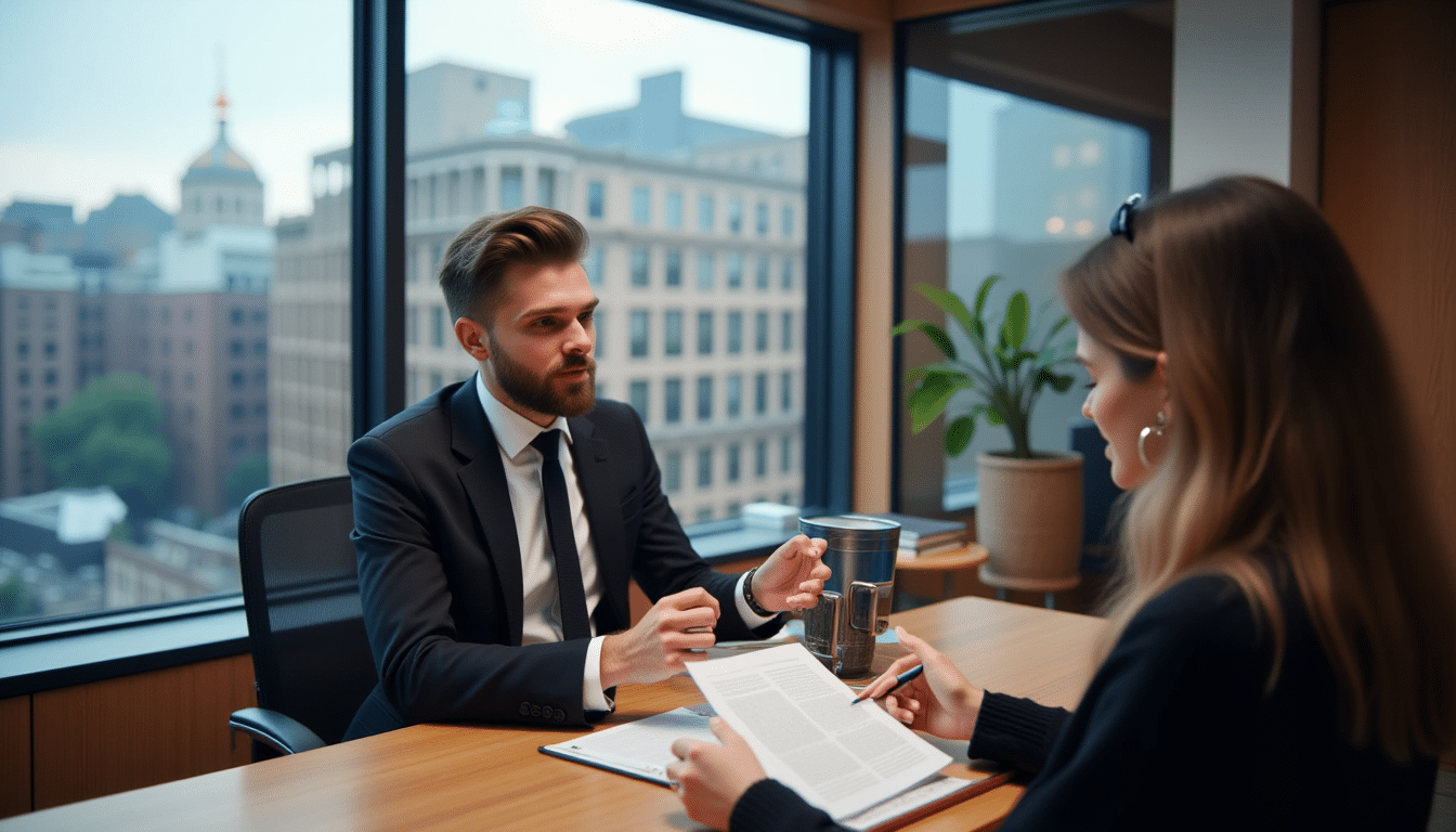 Solicitor discussing trust documents with clients using tablet in modern office with city skyline view