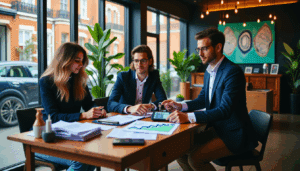 Young couple reviews mortgage details with advisor in modern bank office, appearing hopeful with house keys and documents.