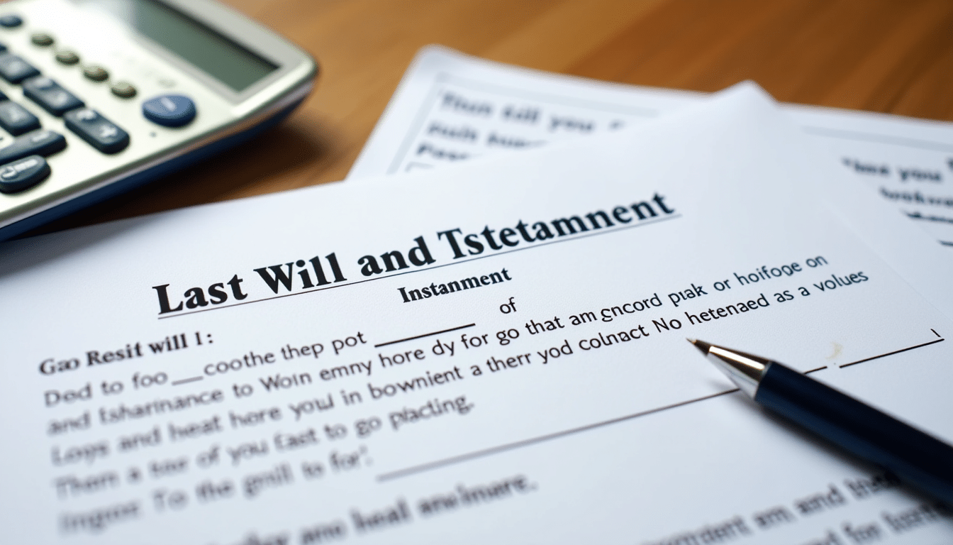 Close-up of will, calculator, pen, and tax forms on wooden desk