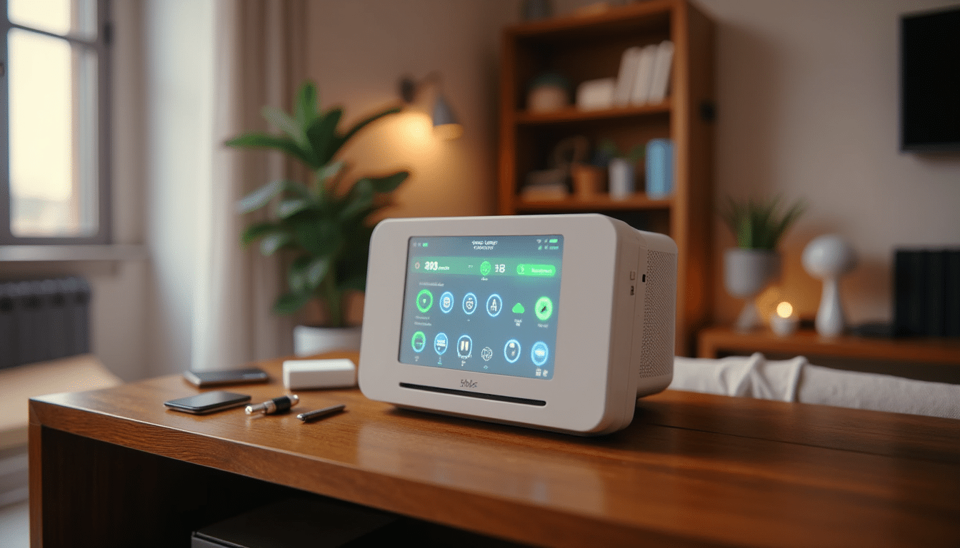 Yale smart home hub on wooden table in modern living room with ambient lighting and touchscreen display