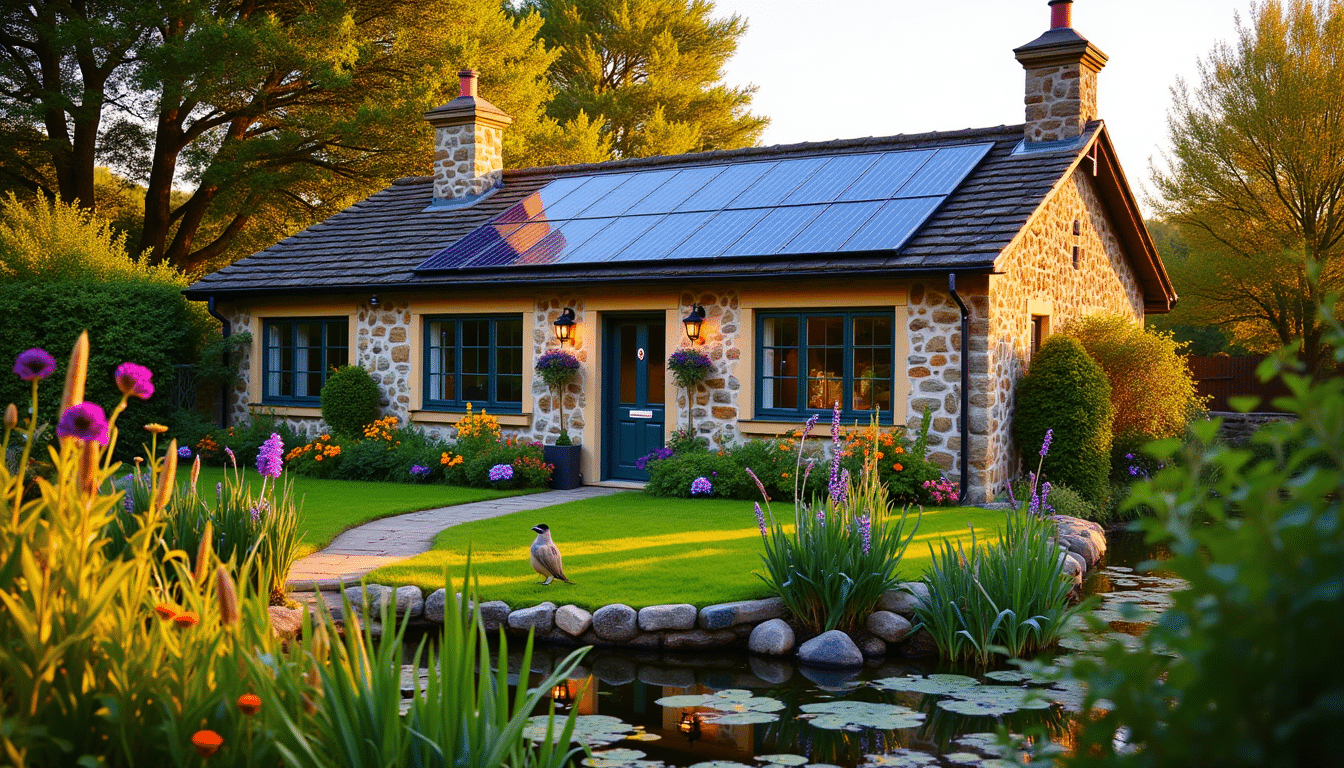 Cozy Yorkshire stone cottage with solar panels, native wildflower garden, bird feeders, and pond in warm evening light.