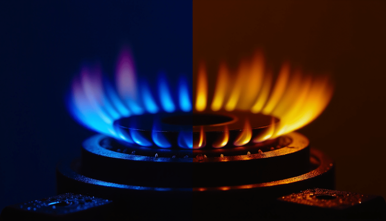 Split view of clean blue and unsafe yellow gas flames inside a boiler window