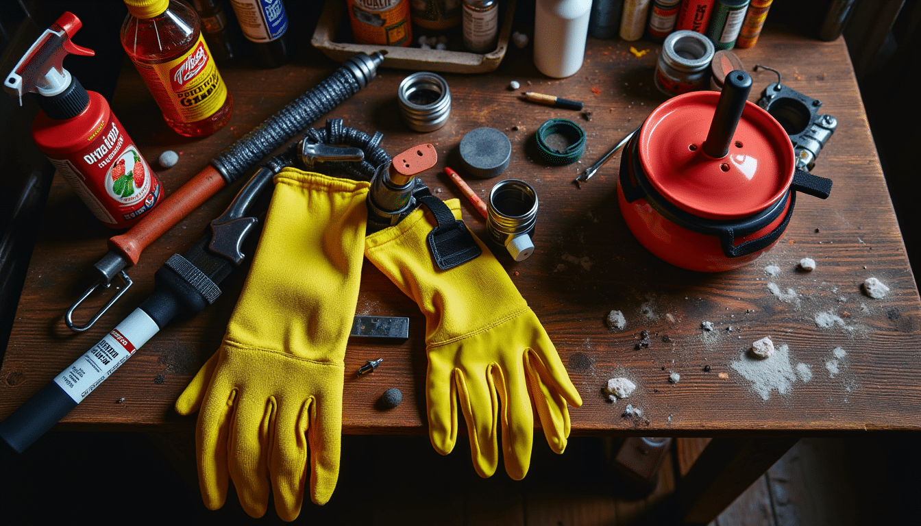 Overhead view of drain unblocking tools on wooden workbench in warm-lit workshop