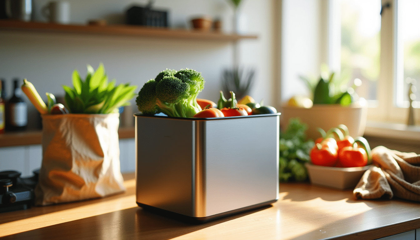 Modern compost bin on kitchen counter with fresh vegetables and produce bags in natural light
