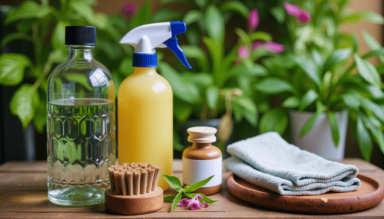 Garden workspace with natural cleaning products, brushes, and cloths on wooden table surrounded by greenery