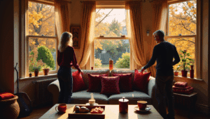 Cozy British living room in early autumn, couple doing seasonal prep with warm decor, sunlight, and garden visible outside.