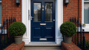 Glossy navy blue British front door with high-security features in a red brick Victorian townhouse under partly cloudy skies.