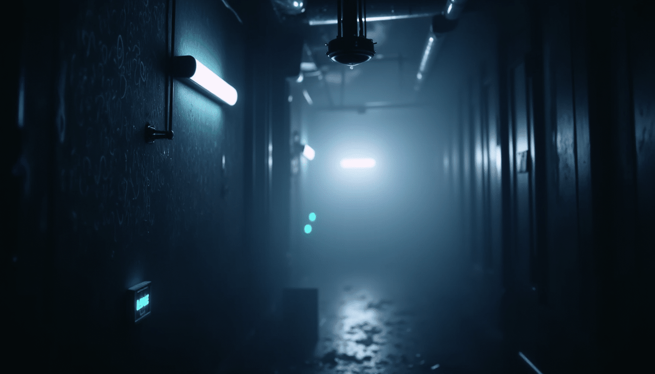 Verisure ZeroVision device emits thick fog in dark hallway lit by emergency lights for security demonstration