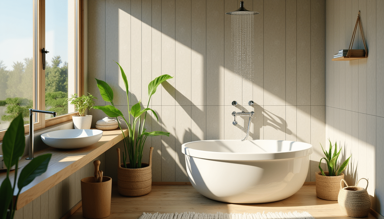 Bright sustainable bathroom with water-saving showerhead, bamboo accents, and indoor plants in morning light