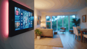 Smart home security control panel with touchscreen showing camera feeds in modern living room with soft ambient lighting.