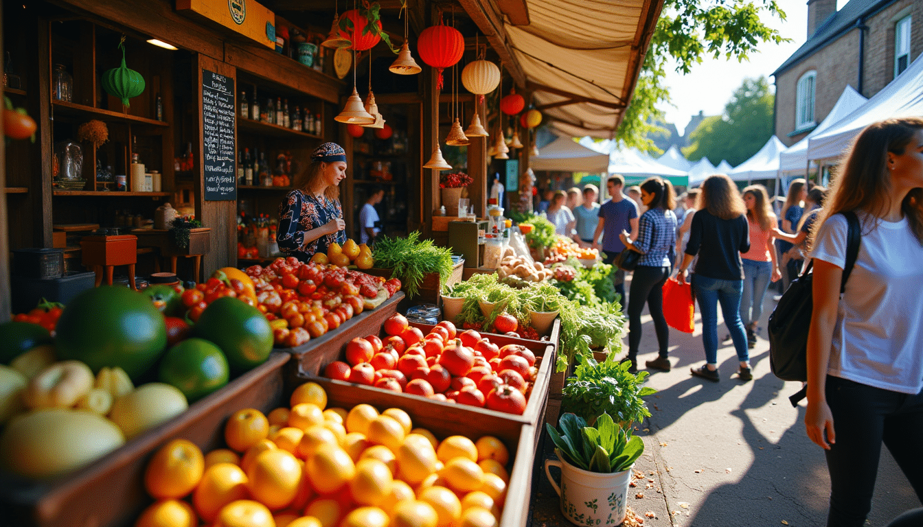 Yorkshire farmers market with produce, cheese, bread stalls, and shoppers carrying reusable bags in natural light